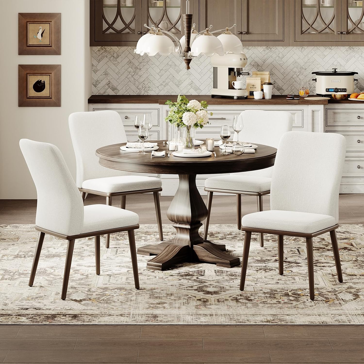 MALOL Modern Dining Chairs Set of 4, Upholstered Kitchen Chairs with High Back, Padded Fabric Dining Room Chair with Solid Wood Legs for Restaurant/Cafe/Home, Beige