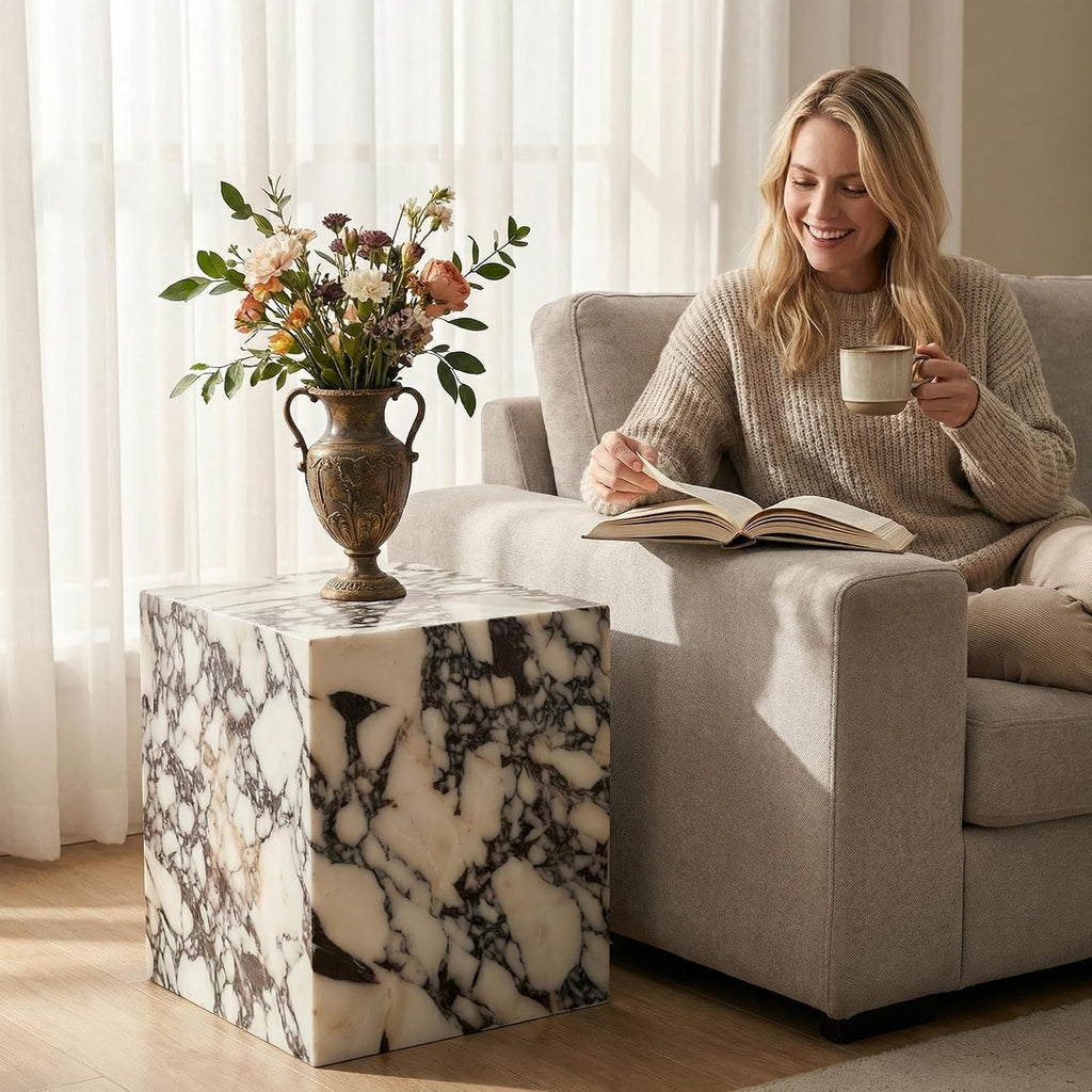 Natural Calacatta Viola Marble Side Table, 11.8" Square End Table for Living Room and Bedroom, Luxury Real Stone Nightstand, Heavy Duty Small Coffee Table, No Assembly Required, 19.6" Height