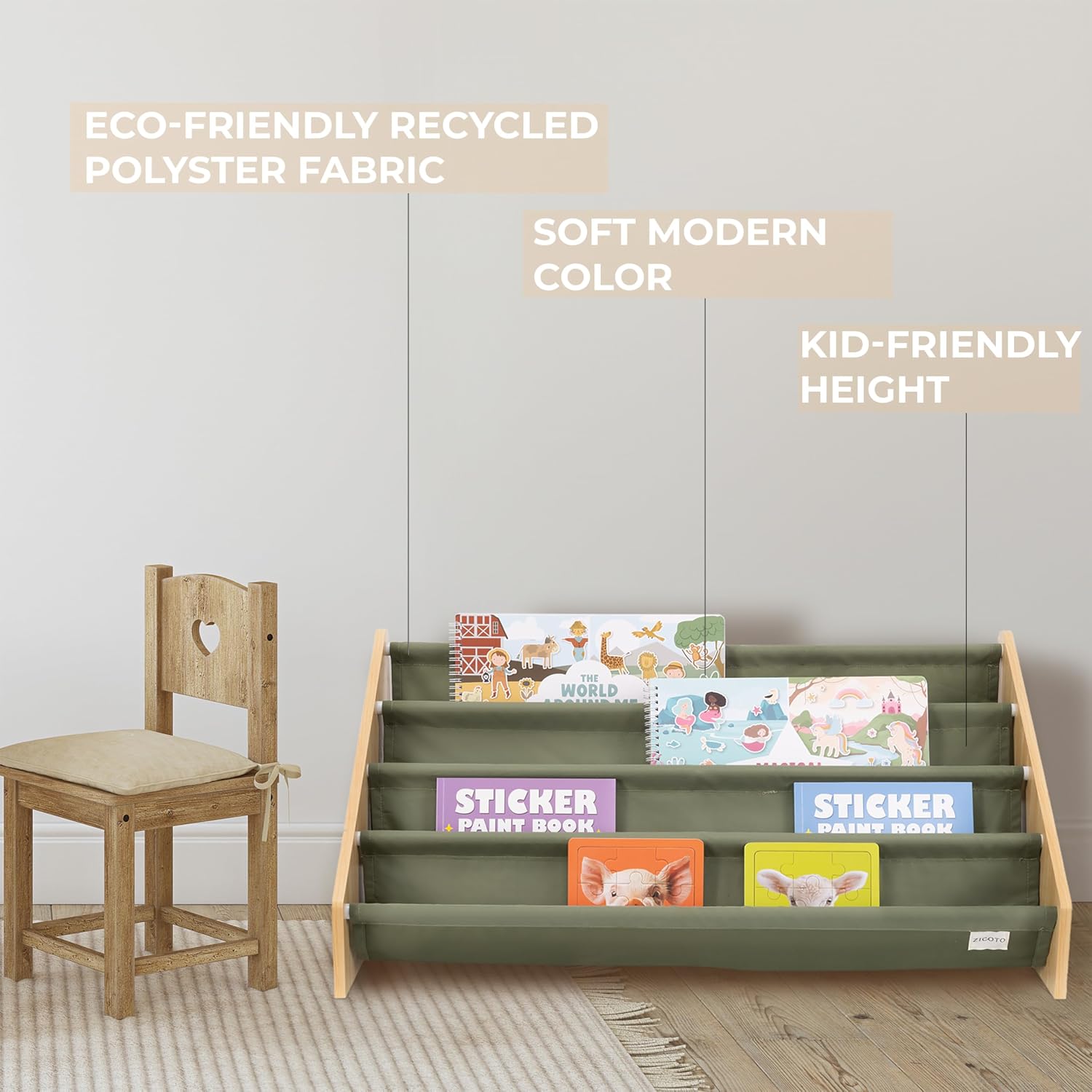ZICOTO Decorative Wooden Bookshelf for Kids Rooms - Keeps Plenty of Books Neatly Organized & Within Reach for Toddlers - Easy Install Montessori Book Shelf for Baby's Bedroom or Playroom Decor