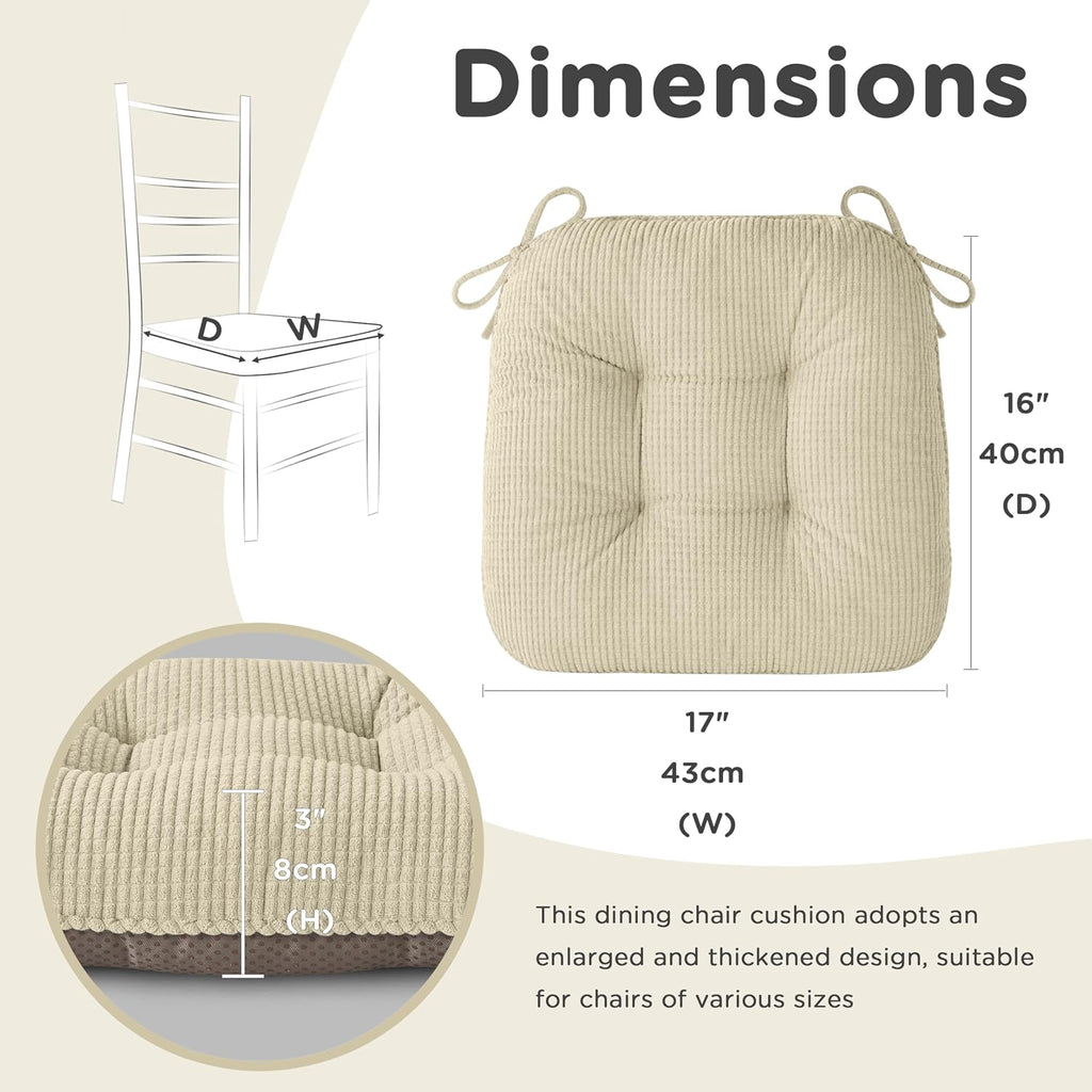 AddGrace Chair Cushions for Dining Chairs Set of 2 Non-Slip Kitchen Seat Cushions with Ties Tufted Thick Seat Pads for Indoor Kitchen Dining Furniture 17"x16"x3" Beige