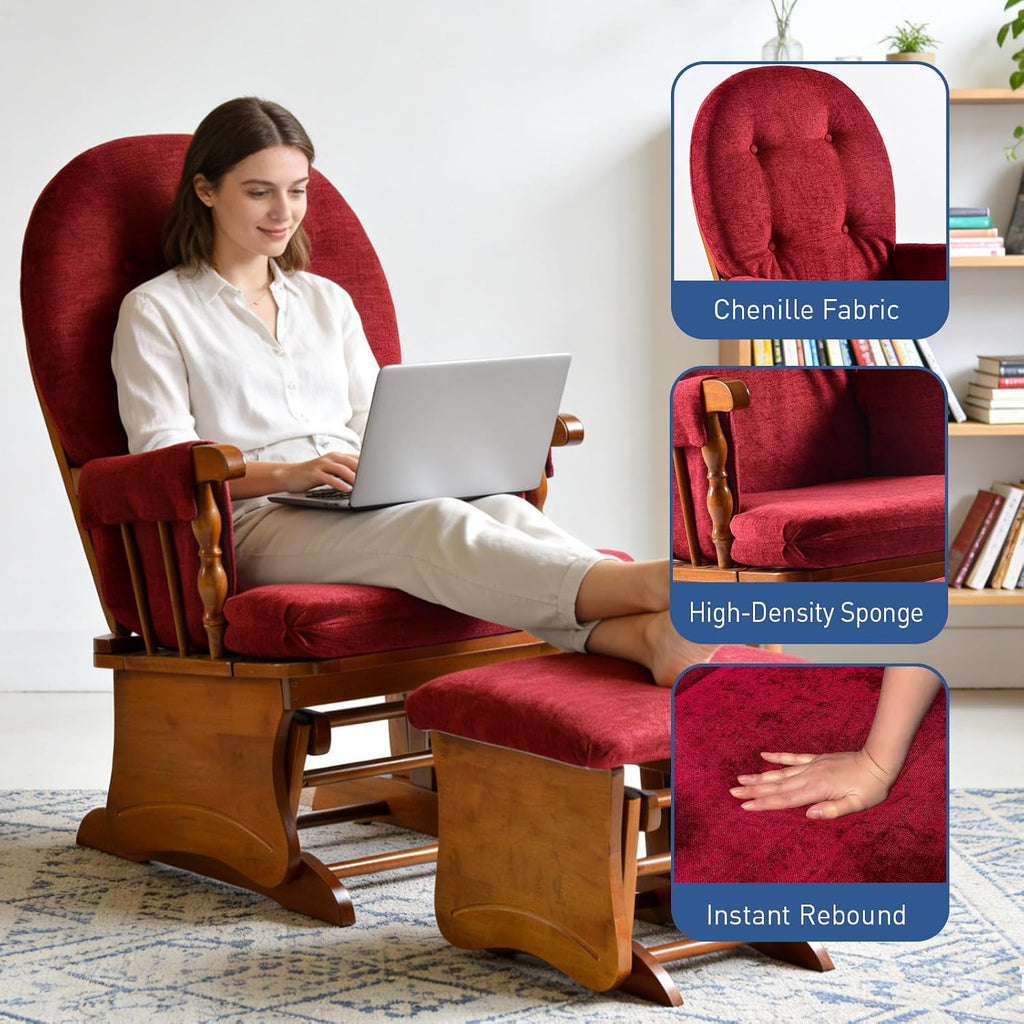 Wooden Base Rocking Chair, Silent Rocking Motion, Feeding Chair, Nursing Rocker with Footstool, Sturdy and Easy to Assemble, Burgundy