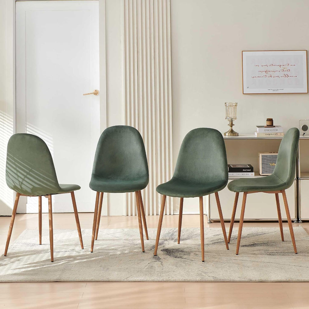 Howtek Dining Chairs Set of 4, Mid Century Modern Green Velvet Upholstered Fabric Kitchen Chairs with Backrest & Metal Legs for Living Room, Dining Room, Vanity - Green