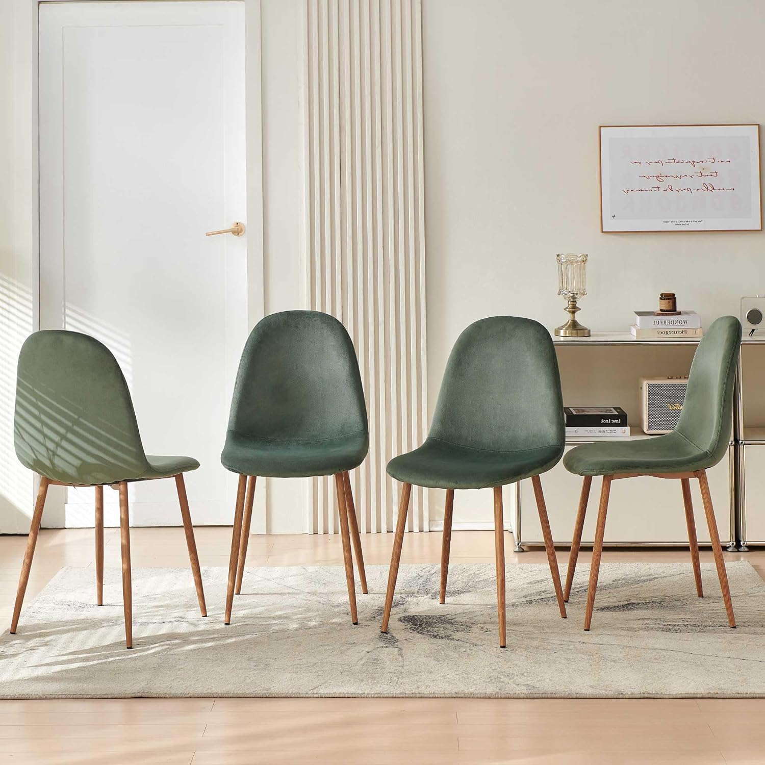 Howtek Dining Chairs Set of 4, Mid Century Modern Green Velvet Upholstered Fabric Kitchen Chairs with Backrest & Metal Legs for Living Room, Dining Room, Vanity - Green