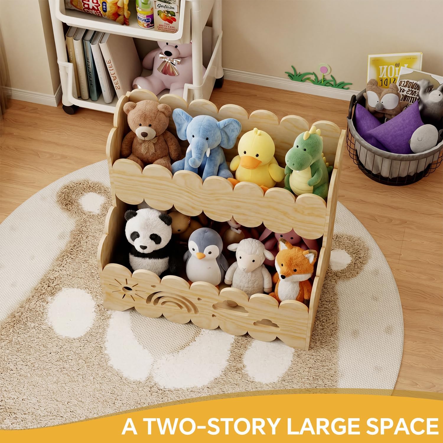 Solid Wood 2-Tier Kids Toy Storage Organizer, Kids Bookshelfs,Montessori Bookshelf Large Stuffed Animal Storage Bin Toddler Playroom Toy Box, Suitable for Kids Rooms, Nursery, Toddler Book Rack