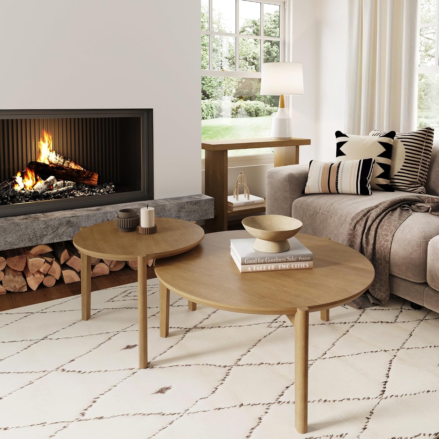 Nathan James Kendall Round Modern Nesting Coffee Set of 2, Stacking Living Room Accent Tables, Light Brown
