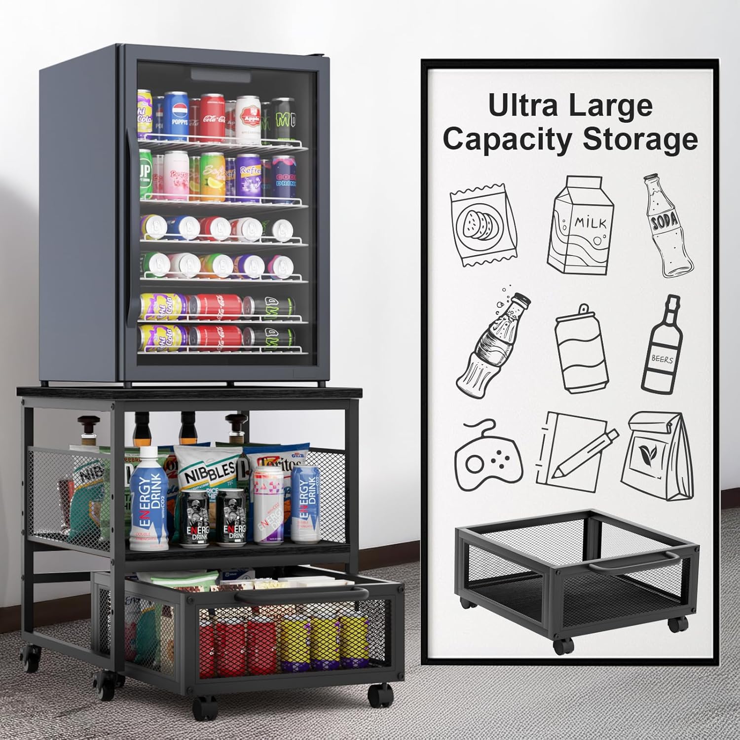 21x21in Mini Fridge Stand with Storage, Heavy Duty Mini Fridge Table with 4 Lockable Wheels for Coffee Bar 220LBS Compact Beverage Refrigerator Stand Cabinet Dorm Fridge Cart for Office Home (Black)