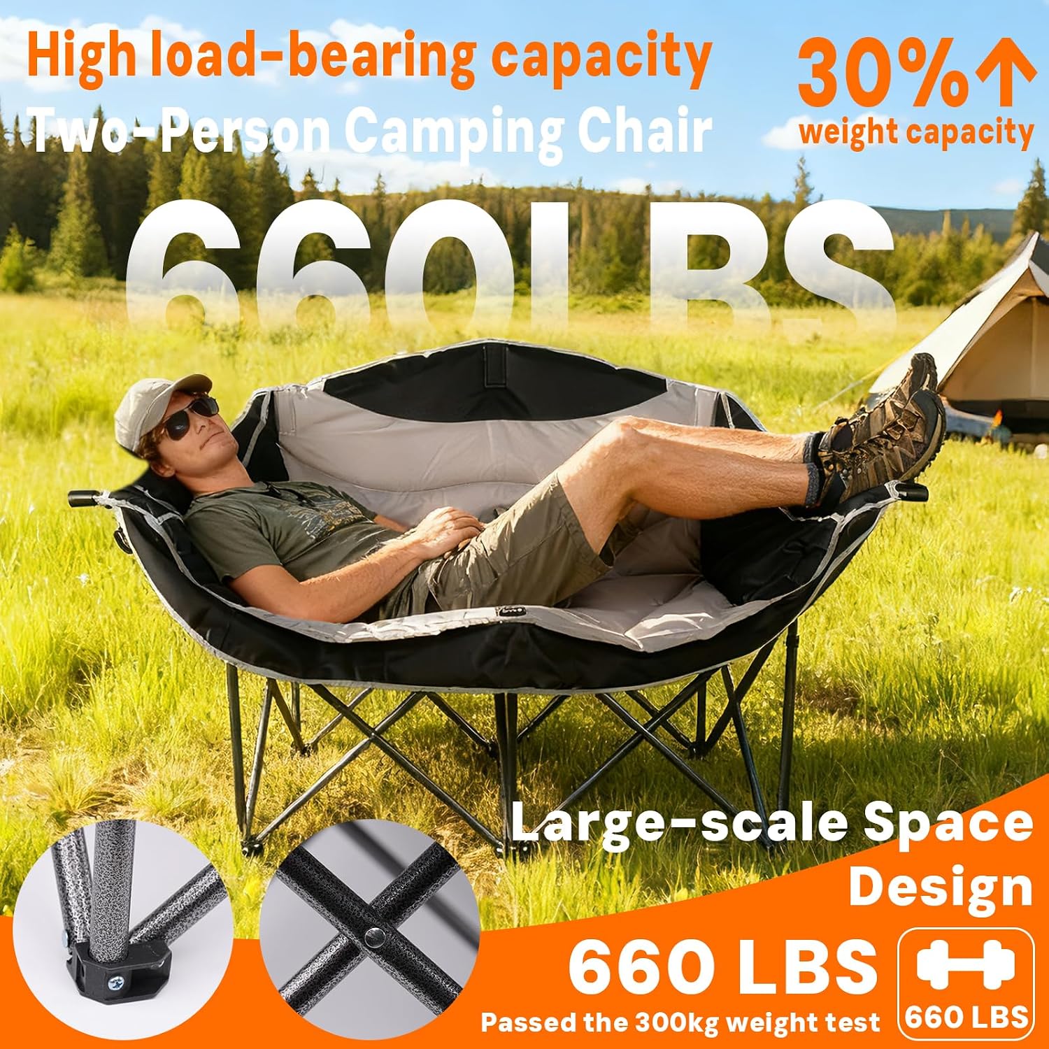 Double Camping Chair 2 Person Oversized Heavy Duty Padded Outdoor Folding Loveseat with Dual Cup Holders for Lawn Beach