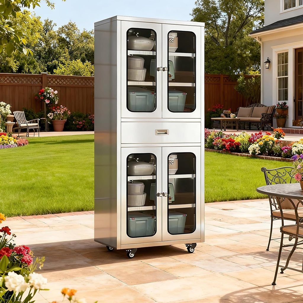 68" Full-Assembled Stainless Steel Cabinet with 1 Drawer and Glass Doors, 6-Tier Rolling Kitchen Pantry Storage Cabinet with Wheels for Garage, Warehouse, Utility Room, Laundry Room, Restaurant, Cafe