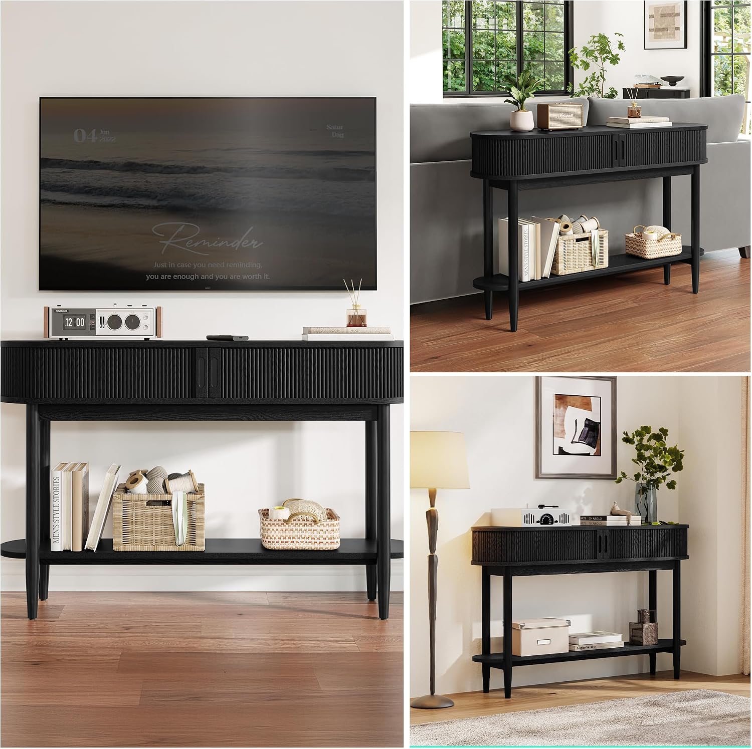 LINSY Fluted Console Table with Storage and Shelves, Black | Entryway Table, Wood Entrance, Behind Couch Sofa Table, Foyer Tables for Hallways, Living Room Boho Furniture, Narrow Long