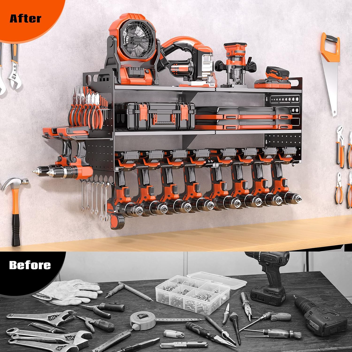 33" W Power Tool Organizer Wall Mount,Heavy Duty Cordless Tool Organizer with 10 Drill Holder, 300 Lbs Capacity 3-Layer Garage Organization for Garage and Workshop (Black)