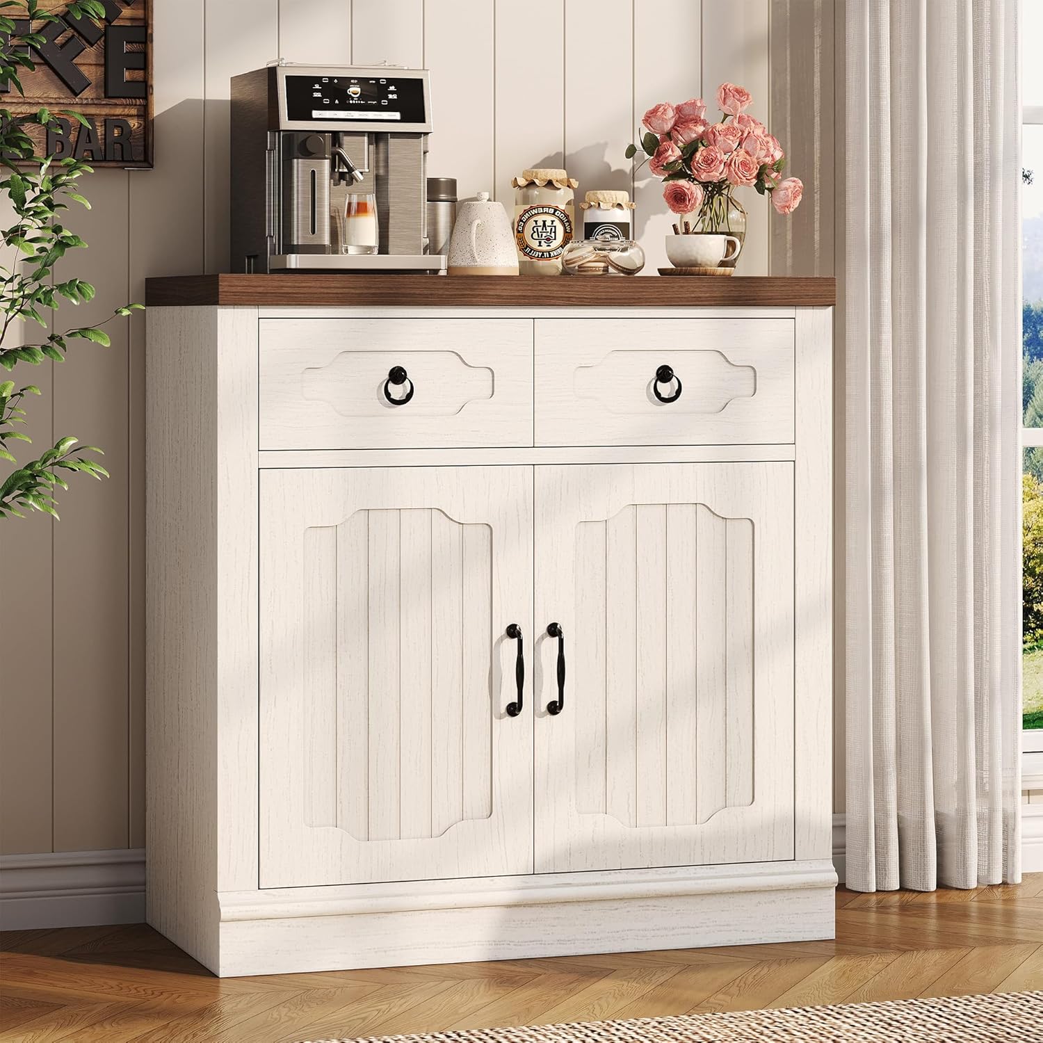 LIKIMIO Buffet Cabinet with 2 Drawers, 32" Sideboard Buffet Storage Cabinet with Doors and Shelves, Farmhouse Coffee Bar Station Kitchen Cabinet for Dining Room, Living Room, Entryway, White