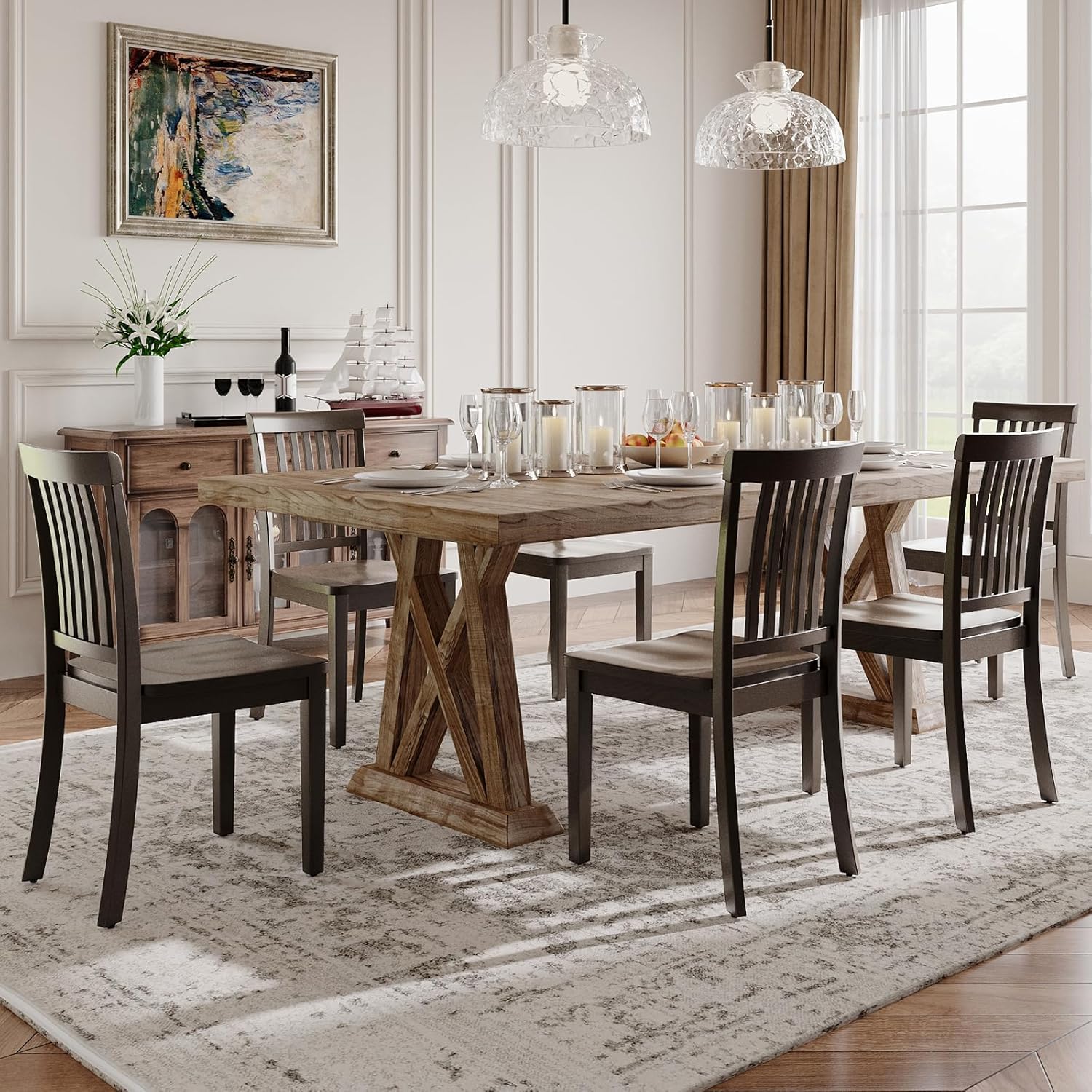 Farmhouse Dining Chairs Set of 6 – Solid Wood Rustic Kitchen Chairs with Spindle High Backrest and 17.3-Inch Wide Seat, French Country Style for Dining Room