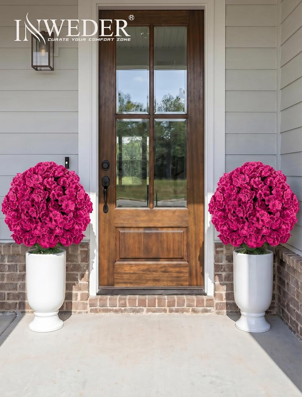 Faux Geraniums for Outdoor Planters: 26” Faux Flower Topiary Ball with Pot Set of 2 for Patio Porch - Hot Pink UV Resistant Silk Geraniums for Outdoors Front Door