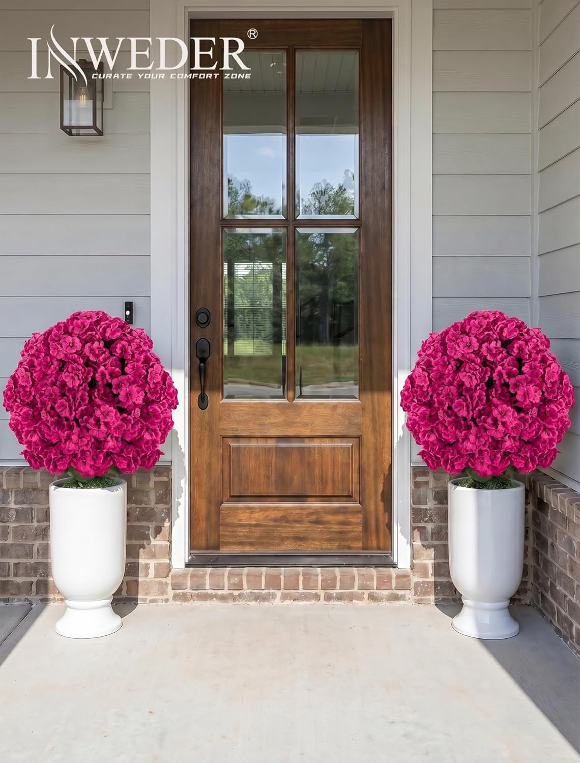 Faux Geraniums for Outdoor Planters: 26” Faux Flower Topiary Ball with Pot Set of 2 for Patio Porch - Hot Pink UV Resistant Silk Geraniums for Outdoors Front Door