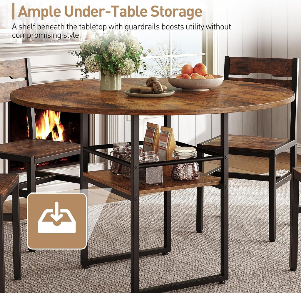 RALGEND 47.2" Round Dining Table for 4，Farmhouse Wooden Kitchen Table with Storage, Space Saving Circle Dinner Table with Metal Legs, for Dining Room, Living Room, Kitchen, Rustic Brown and Black