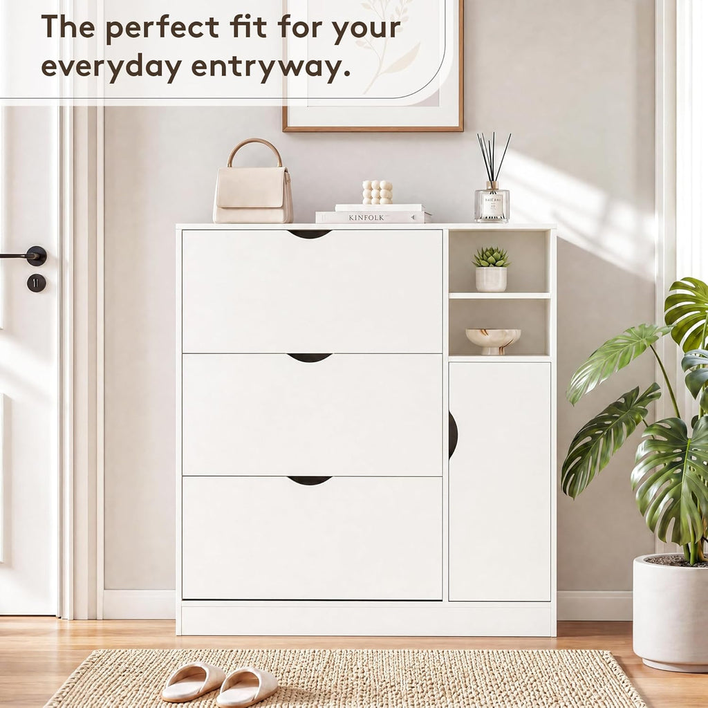 GRUSIGN Shoe Storage Cabinet with 3 Flip Drawers and Storage Space, Adjustable Shelf, Large Capacity Shoe Cabinet for Entryway,Hallway, Mudroom (White)