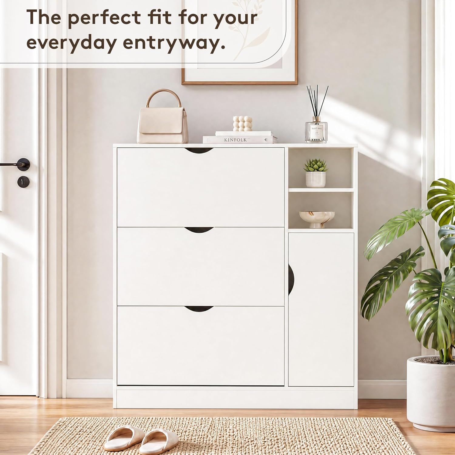 GRUSIGN Shoe Storage Cabinet with 3 Flip Drawers and Storage Space, Adjustable Shelf, Large Capacity Shoe Cabinet for Entryway,Hallway, Mudroom (White)