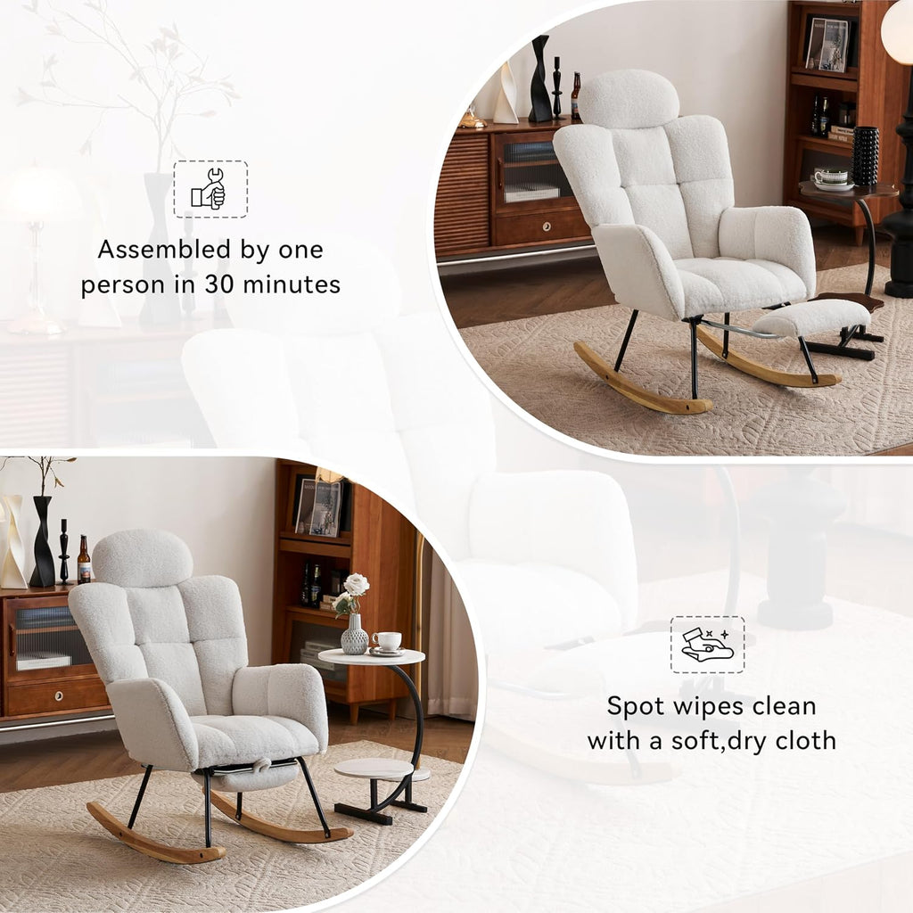 Modern Teddy Fabric Leisure Rocking Chair with Pillow Adjustable Footstool, High Backrest, Storage Pocket On The Right Side, Nursery Rocking Chair for Living Room, Bedroom, Nursing Room, Lvory