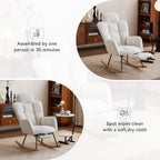 Modern Teddy Fabric Leisure Rocking Chair with Pillow Adjustable Footstool, High Backrest, Storage Pocket On The Right Side, Nursery Rocking Chair for Living Room, Bedroom, Nursing Room, Lvory