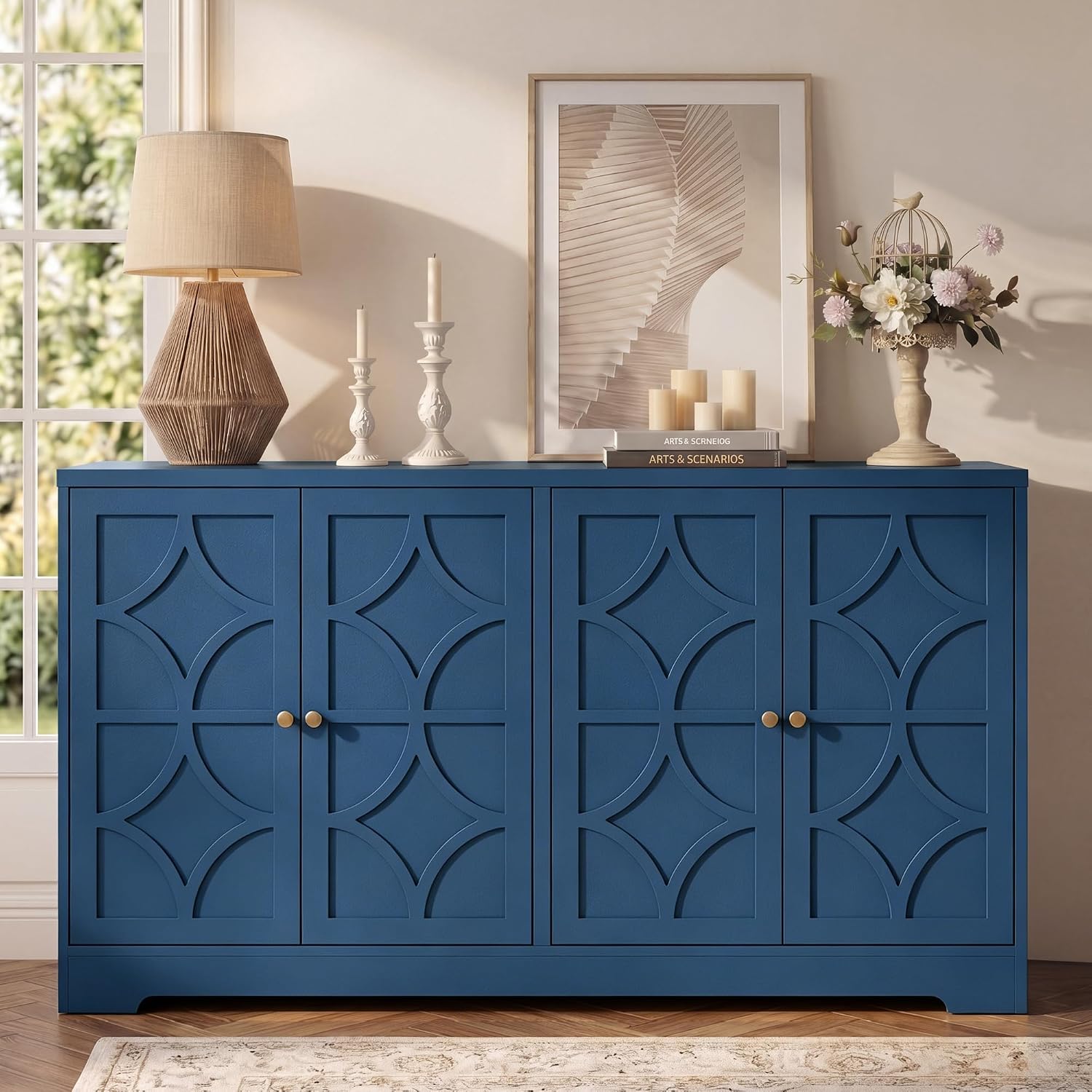 RoyalCraft Sideboard Buffet Cabinet with Storage, 56" Modern Sideboard with 4 Carved Doors, Large Wood Coffee Bar Console Table for Kitchen, Dining Room, Entryway, Living Room, Blue