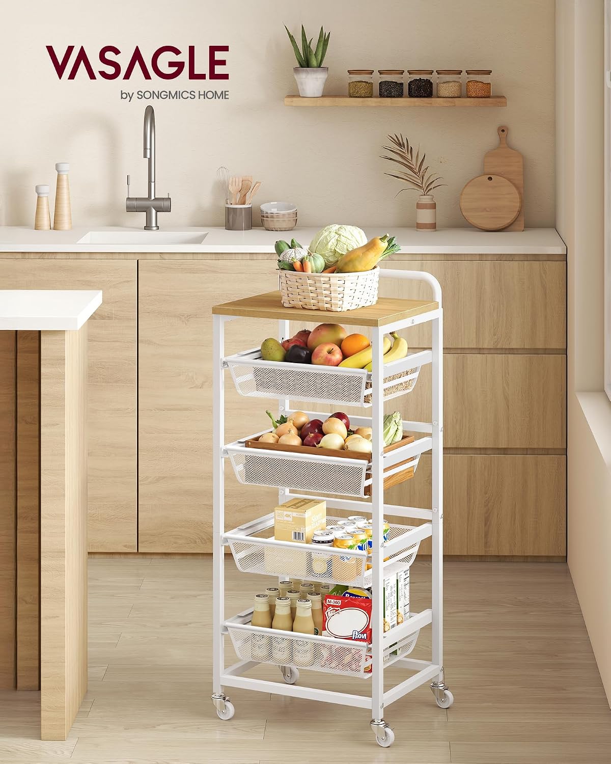 VASAGLE Storage Rolling Cart with Pull-Out Baskets, 5-Tier Utility Cart Orgnizer with Wheels for Laundry Room, Kitchen, Handle, 12.5 x 15.8 x 37.4 Inches, Golden Oak and Matte White ULRC041YA01