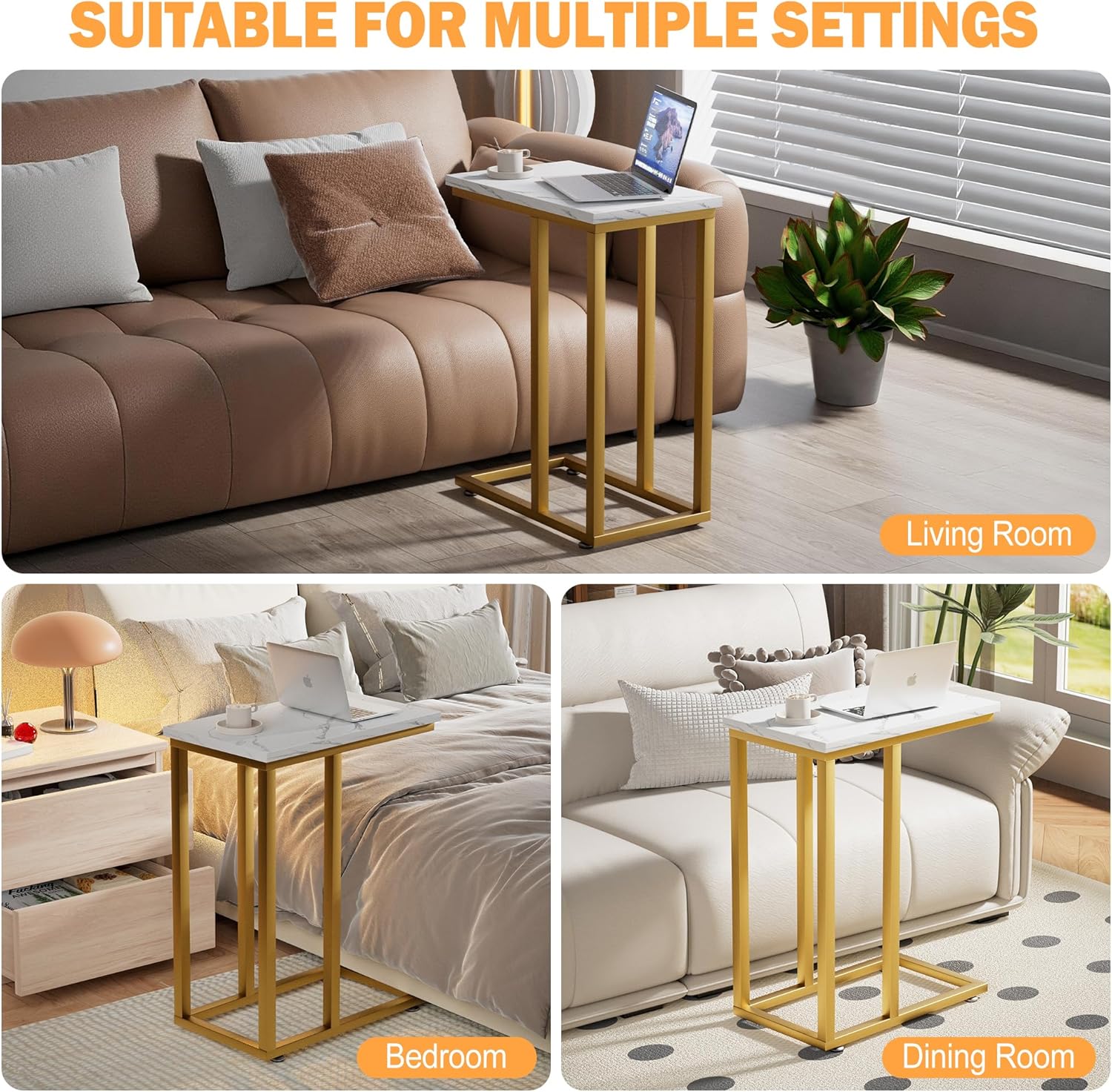 VECELO Universal C-Shaped Side Table, Multi-Functional Snack & TV Tray for Living Room, Bedroom, Gold (2 Set)