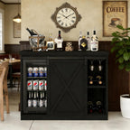 Coffee Bar Cabinet with Mini Fridge Space, 49.2'' Farmhouse Kitchen Buffet Hutch with Power Outlet, Fridge Cabinet with Sliding Barn Door, Wine Rack, Glass Holder for Kitchen Dining Room (Black)