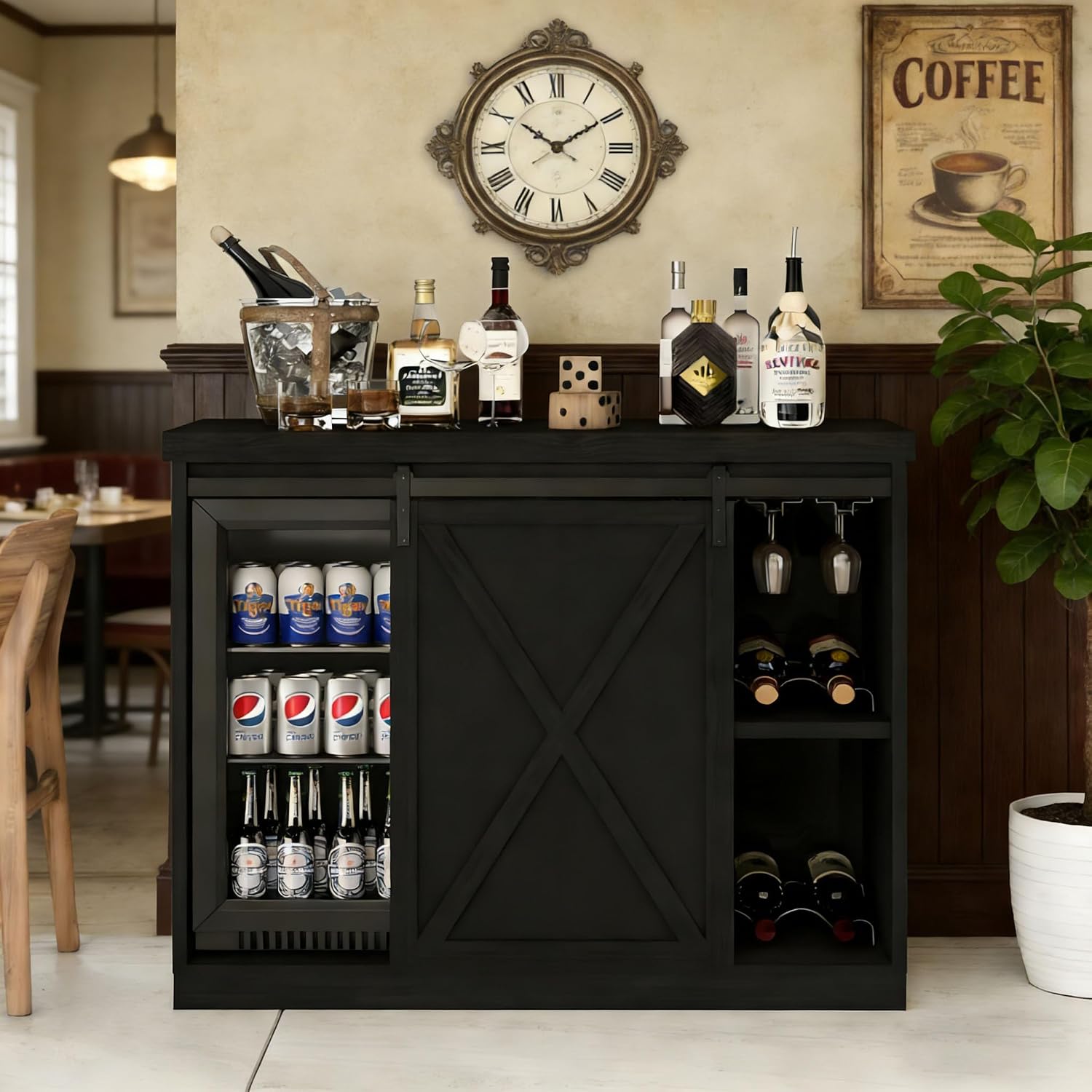 Coffee Bar Cabinet with Mini Fridge Space, 49.2'' Farmhouse Kitchen Buffet Hutch with Power Outlet, Fridge Cabinet with Sliding Barn Door, Wine Rack, Glass Holder for Kitchen Dining Room (Black)