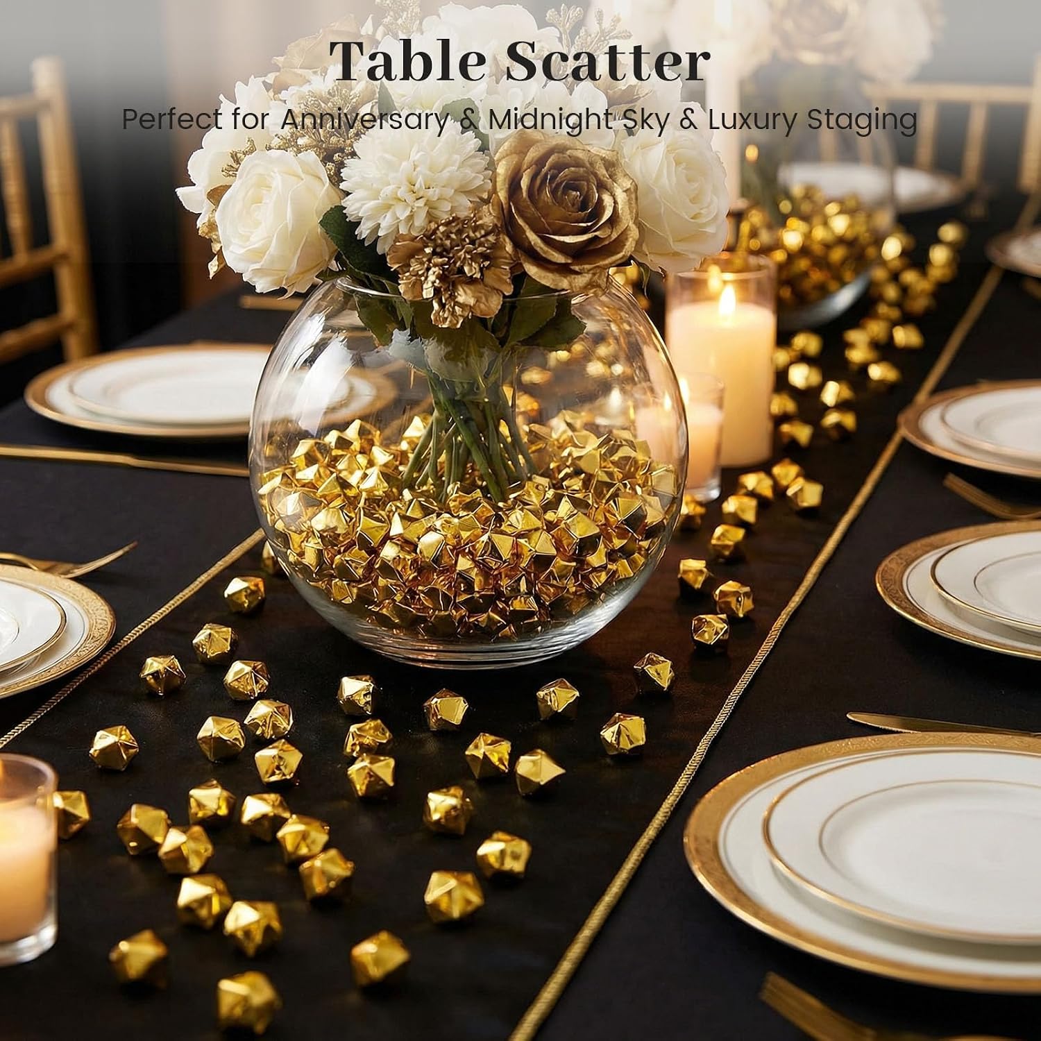 DomeStar 520PCS Small Fake Gold Ice Rocks, Acrylic Ice Fake Plastic Gold Nuggets Gems Marbles for Vases Fillers Table Scatters Birthday Wedding Party Decoration(0.4 x 0.6 inch)