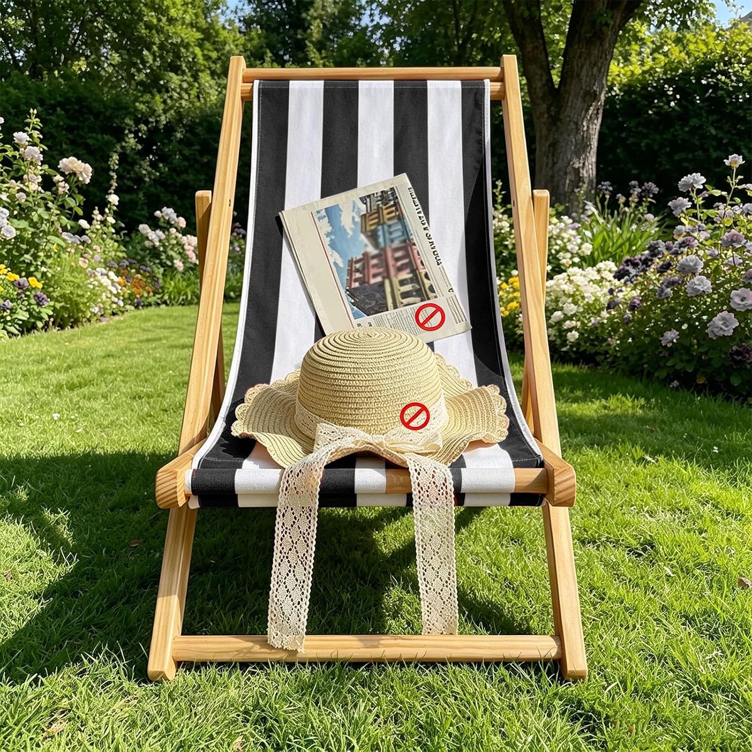 Kids Chaise Lounge Chair Outdoor, Toddler Wood Double Pool Lounger Chairs w/Removable Stripped Fabric Cushions, for Lawn, Pool, Garden, and Yard(Black)