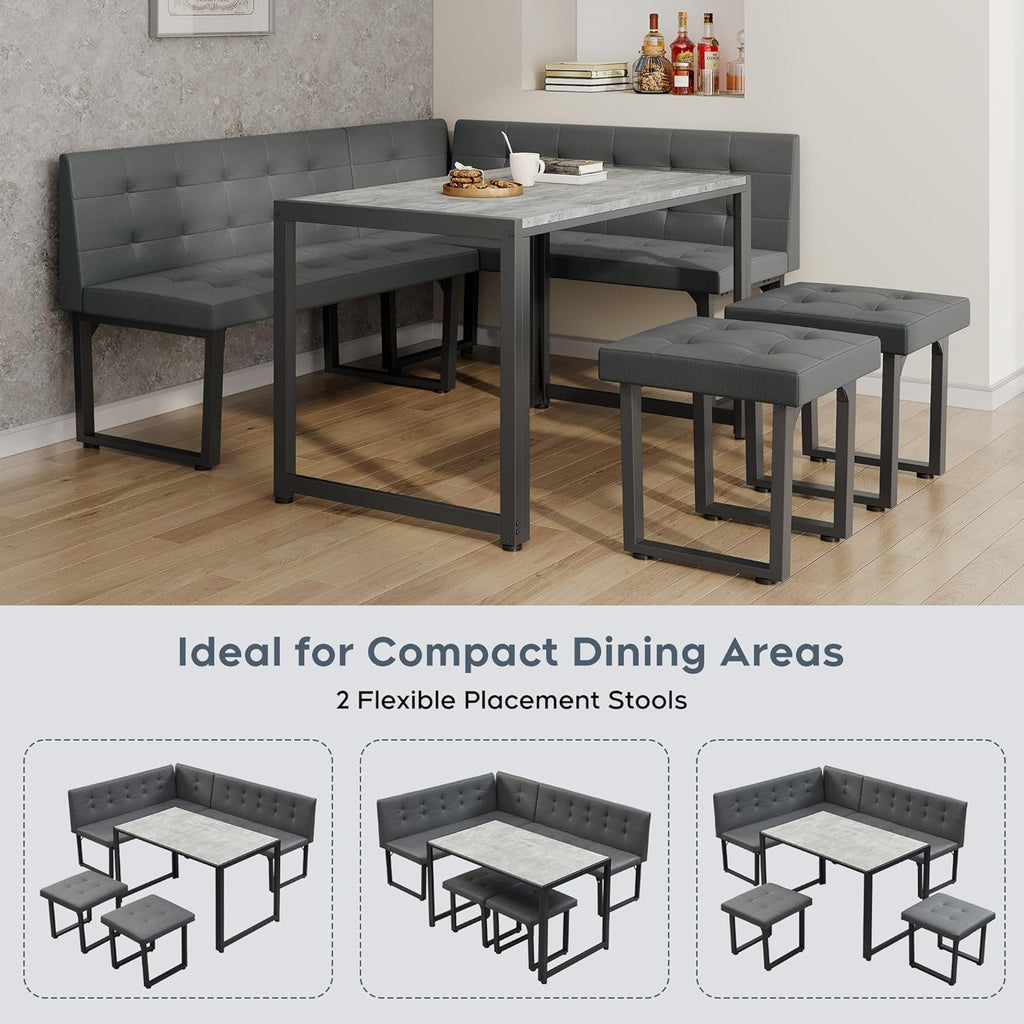 Yechen Corner Dining Table Set with Upholstered Banquette, 70 Inch 5-Piece Kitchen Breakfast Nook Table Set, Space Saving, Grey(Table, Bench, Dining Stools)