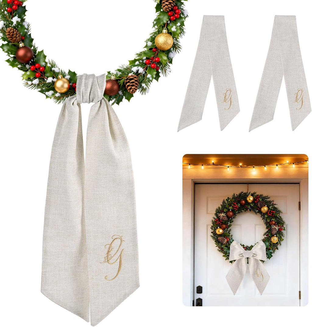 2 Pieces Burlap Wreath Sash for Front Door Embroidery Monogram Sash Wreath for Wedding Party Holiday Ribbon Decorations Yard Outdoor Decoration(Letter G)