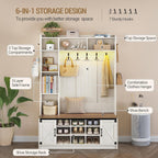 Hzuaneri 47.2" Hall Tree, LED Farmhouse Entryway Storage and Coat Rack Wood, Entryway Furniture with 7 Hooks, Hall Tree with Bench and Storage, 6 Storages Partitions Shoe Bench, Rustic White HT24514X