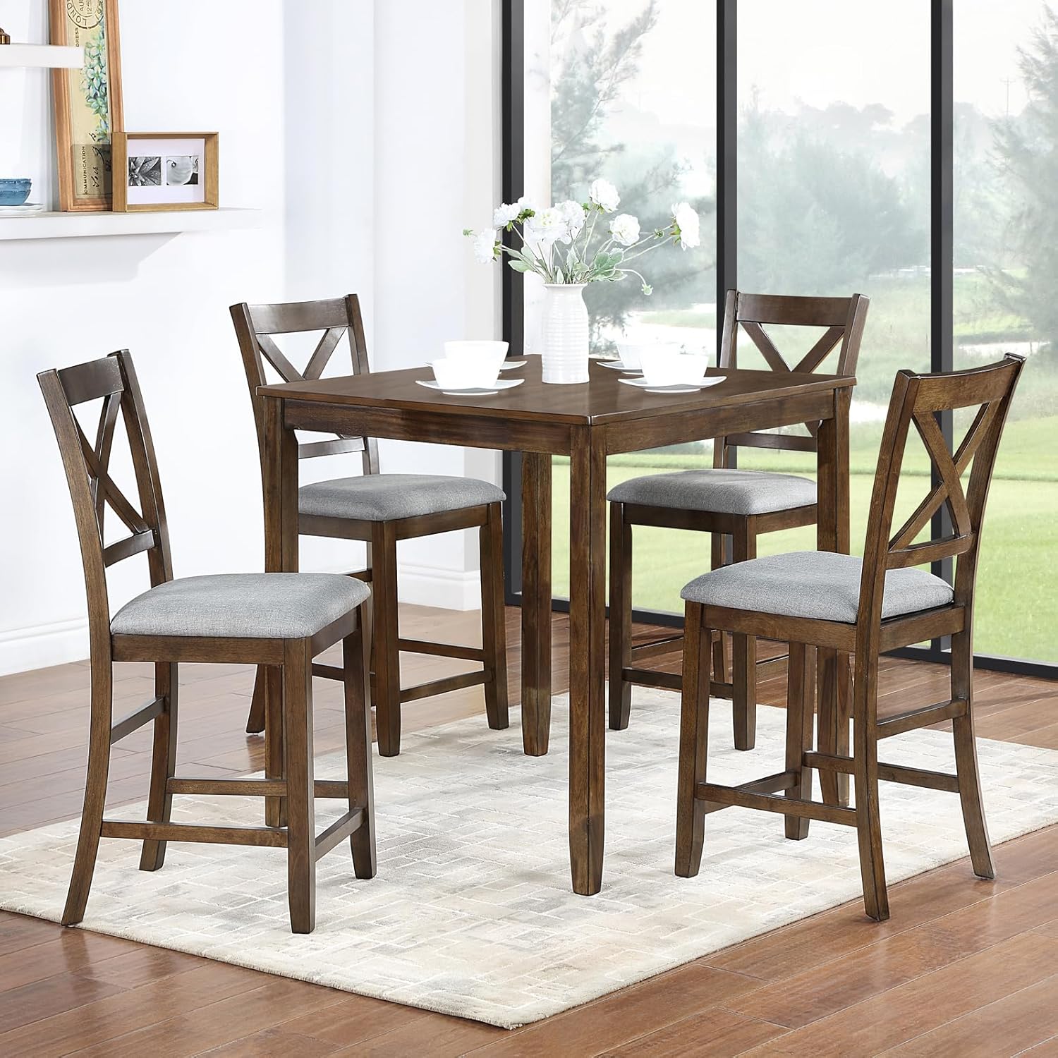 Merax Farmhouse Dining Table Set for 4, Counter Height Kitchen Table Set with Square Table and 4 Upholstered Chairs for Kitchen, Dining Room, Small Space, Walmut