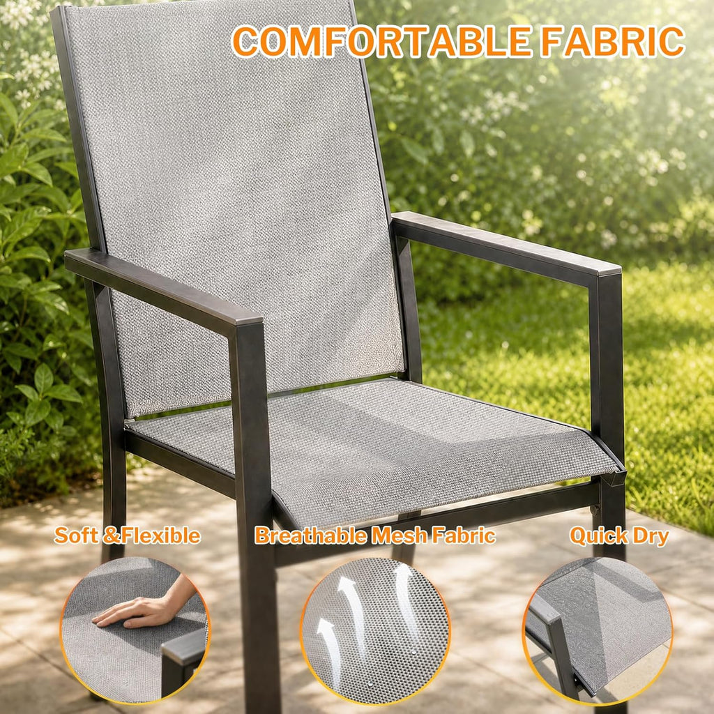 MEOOEM Highback Outdoor Chairs Set of 2, Comfortable Wide Deep Seat Grey Patio Chairs w/Armrests & Metal Frame, Sturdy Durable Heavy Duty Outdoor Armchairs 450LBS for Outside, Backyard, Lawn, Gray