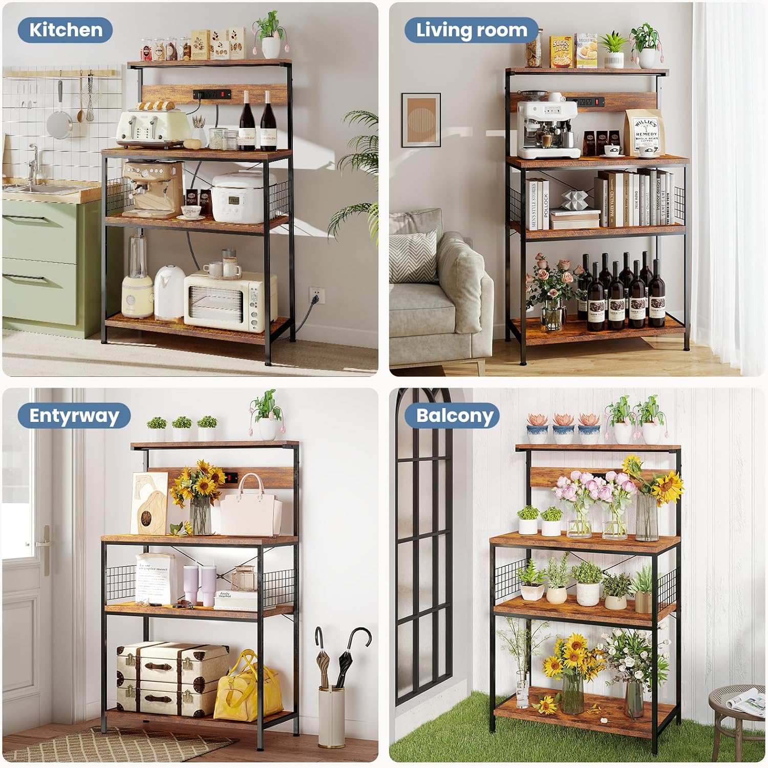 DUMOS Kitchen Bakers Rack with Power Outlet, 23.6-Inch Microwave Oven Stand, Coffee Bar Station with 3-Tier Adjustable Storage Shelf, Small Appliance Organizer for Spices, Pots and Pans, Brown