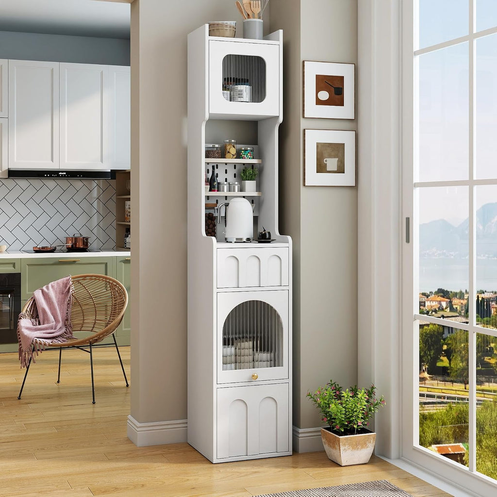 71" High Pantry Cabinet Kitchen Hutch Cabinet with Doors & Open Shelves, Stylish Wooden Sideboard Cupboard Storage Cabinet, Anti-Tip Design Hutch for Kitchen Bathroom(White)