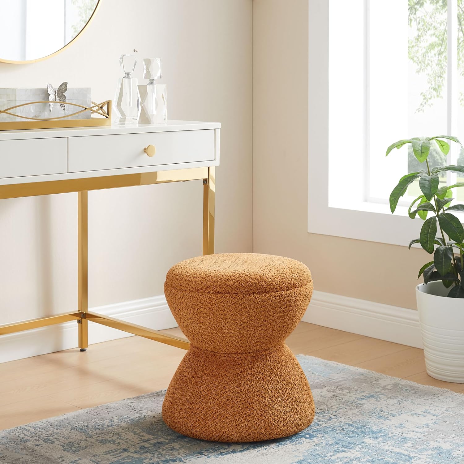 VANOMi Multi-Functional Boucle Ottoman, Set of 2, Vanity Stool Chair, Sturdy Wooden Footstool, Suitable for Living Room, Bedroom, and Entryway, Without Installation, Curry