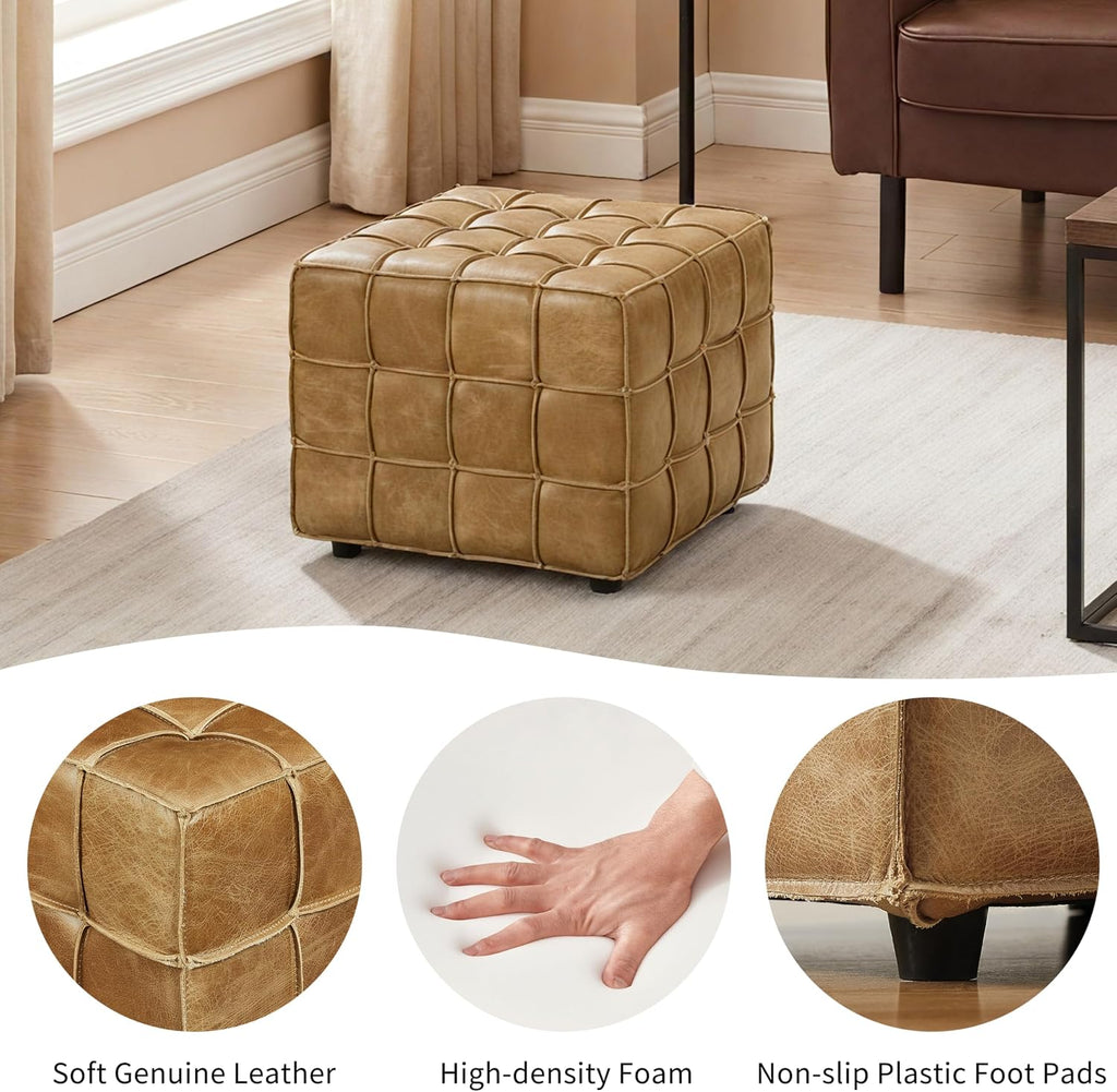 Art Leon Real Leather Ottoman - Square Foot Rest Footstool, Modern Sofa Stool for Living Room Bed Room,Light Brown
