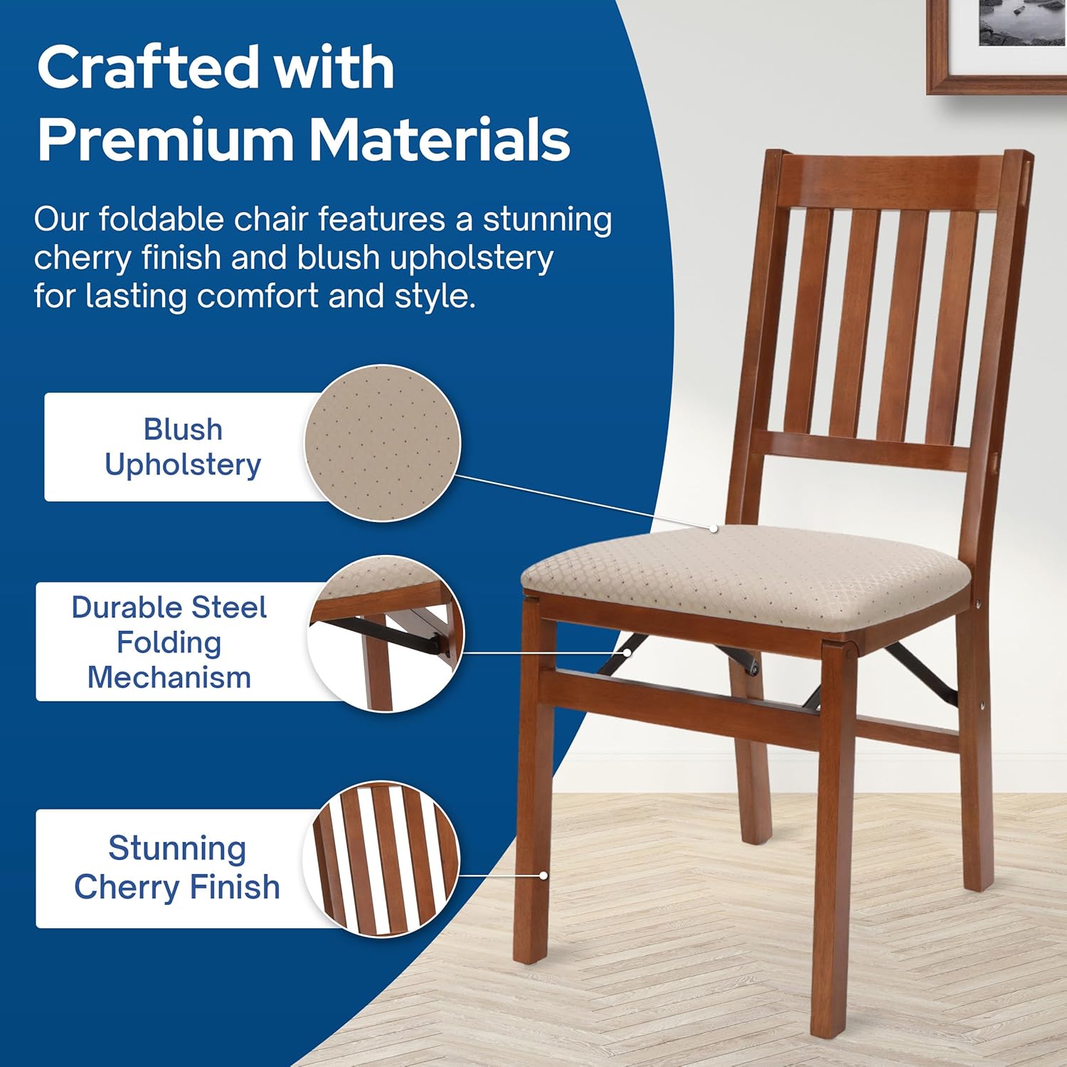 Stakmore Arts and Crafts Wooden Folding Chairs with Padded Seats, Set of 2 - No Assembly Foldable Dining Chairs, Steel Folding Mechanism, Upholstered Cushion, Space-Saving, Fruitwood Frame