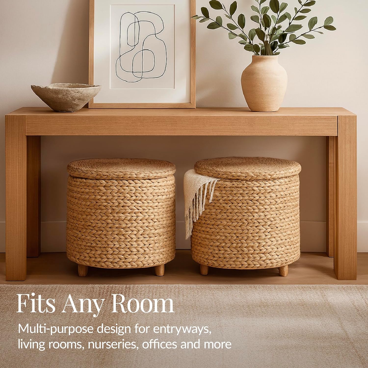 Best Choice Products 17" Round Storage Ottoman W/Lid, Handwoven Water Hyacinth Footstool, Footrest w/Wooden Legs, Accent Side Table, Storage Container, Plant Stand - Natural