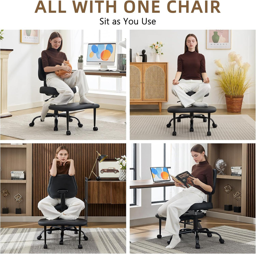Criss Cross Legged Meditation Chair, Exquisite Home Office Furniture, Ergonomic Kneeling Chair with Lumbar Support and Adjustable Height Stool, for ADHD Adults