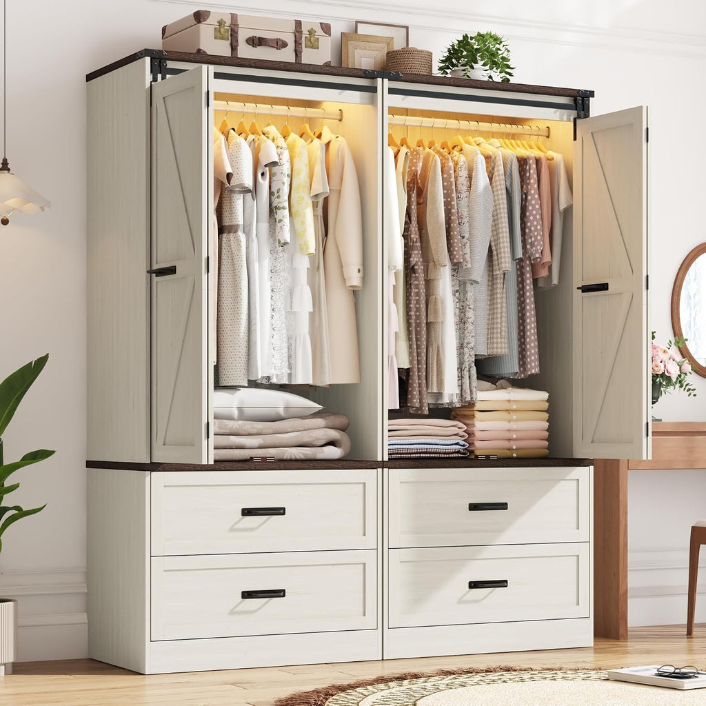 Farmhouse Wardrobe Armoire Closet with 4 Doors and 4 Drawers, 72" Wooden Clothing Storage Cabinet, Freestanding Large Capacity Storage Wardrobe Armoire with Hanging Rod for Bedroom,Antique White
