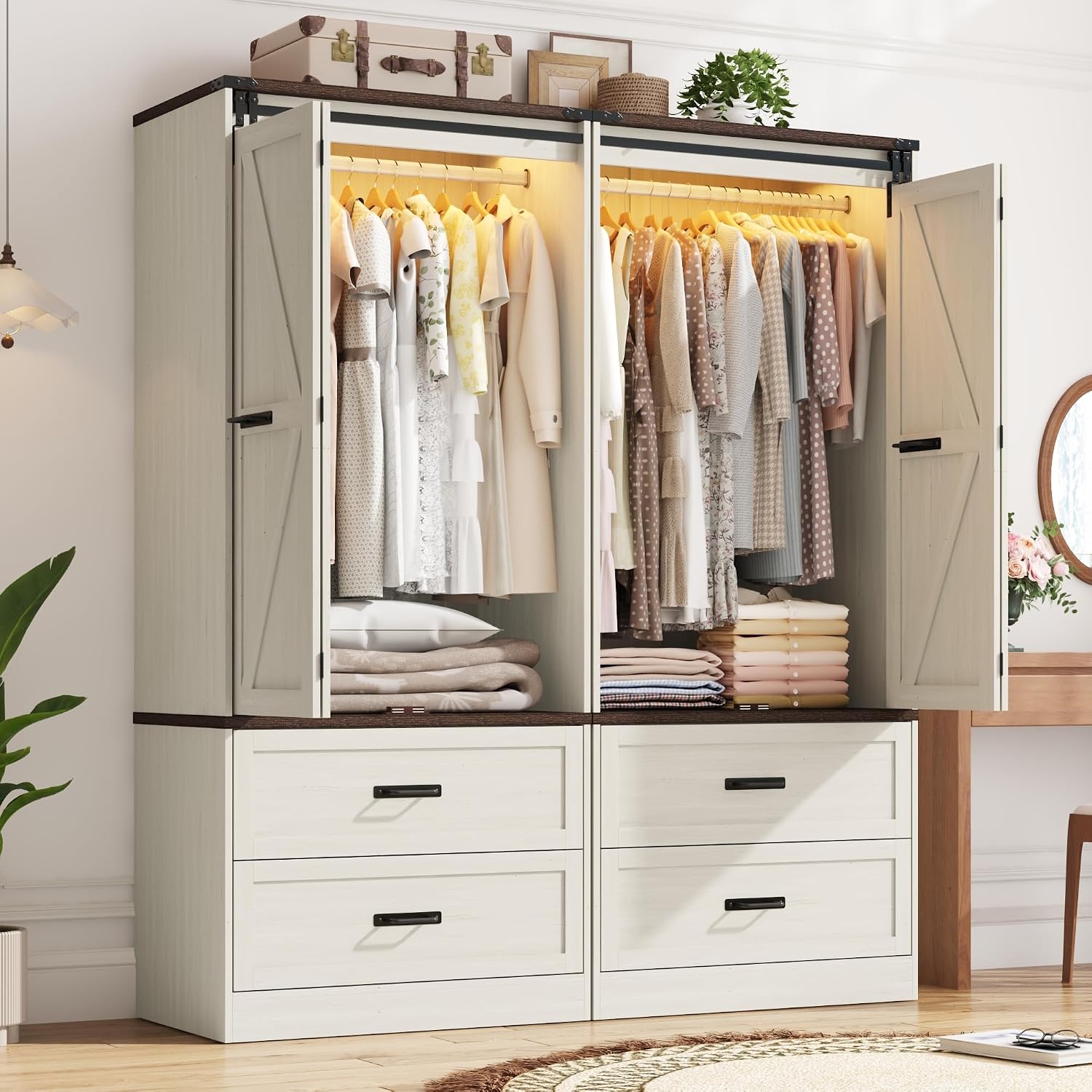 Farmhouse Wardrobe Armoire Closet with 4 Doors and 4 Drawers, 72" Wooden Clothing Storage Cabinet, Freestanding Large Capacity Storage Wardrobe Armoire with Hanging Rod for Bedroom,Antique White