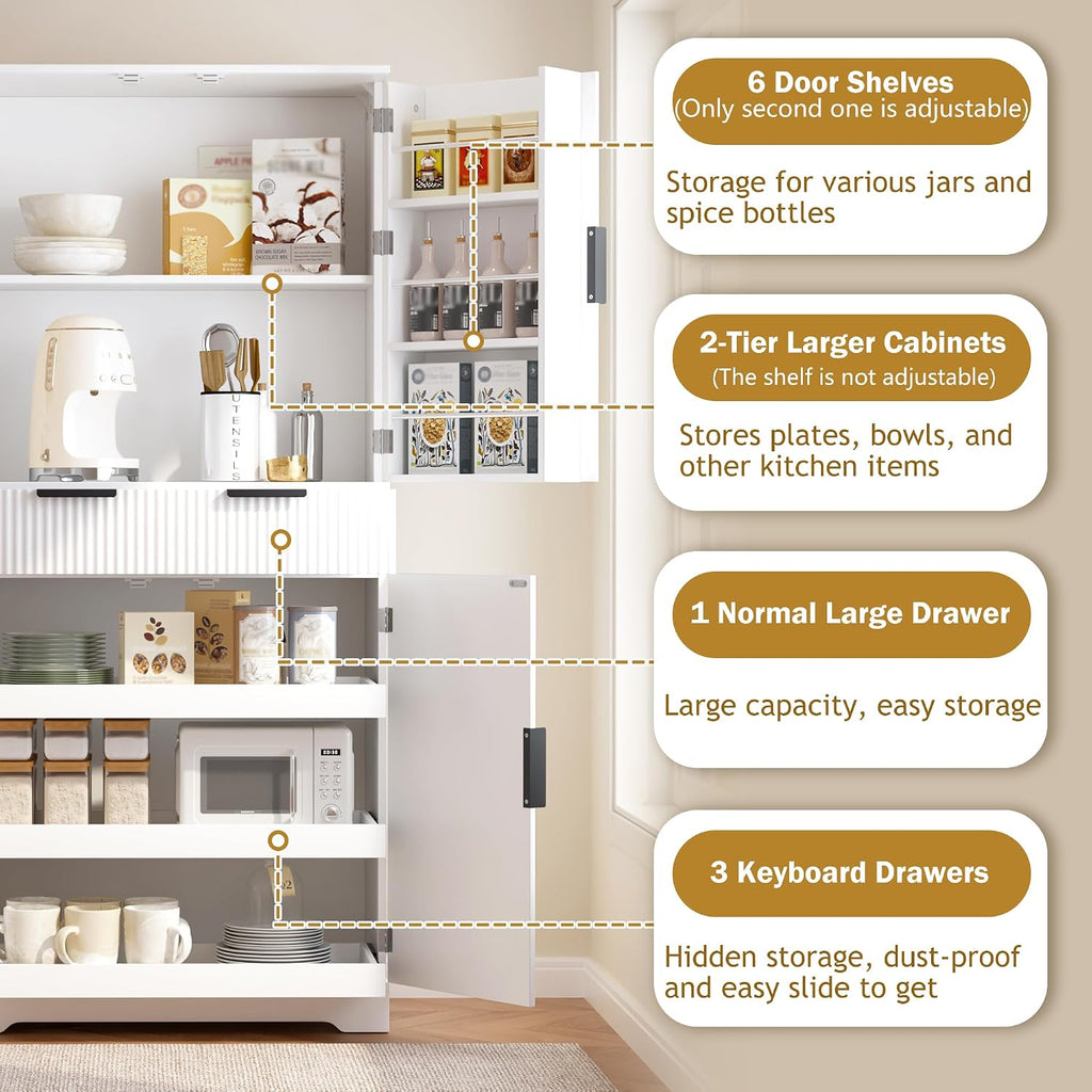 72" Fluted Kitchen Pantry Cabinet with 3 Pull Out Cabinet Organizers, 6 Door Shelves & 1 Drawer, Large Farmhouse Freestanding Cupboard for Kitchen, Dining Room, Living Room (White)