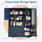 Merax Luxurious Extra Large 78" Pantry Cabinet with Hutch, Farmhouse Kitchen Pantry Cabinet with Drawers, Adjustable Shelves & Door Shelves, Kitchen Hutch Food Pantries with Open Countertop, Blue