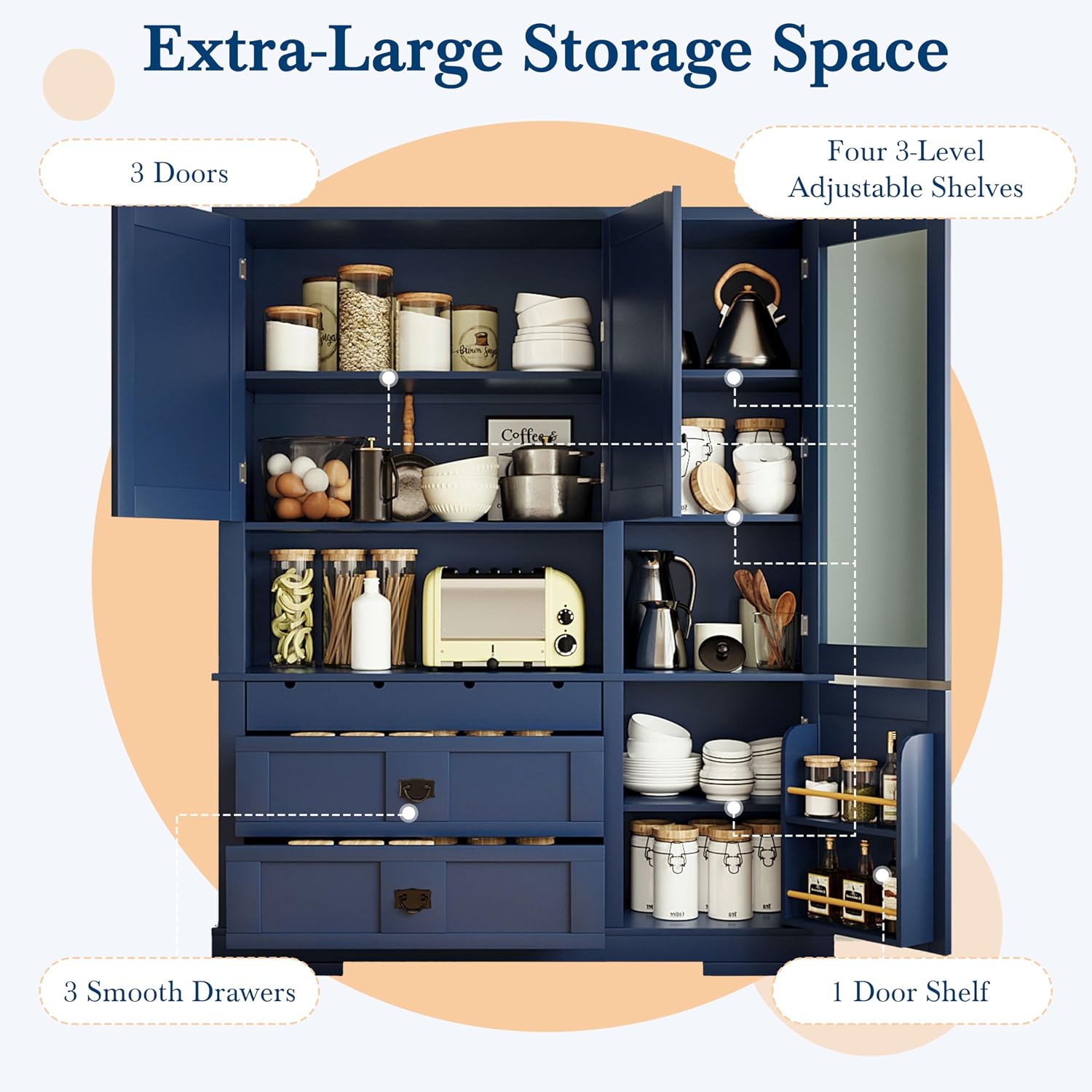 Merax Luxurious Extra Large 78" Pantry Cabinet with Hutch, Farmhouse Kitchen Pantry Cabinet with Drawers, Adjustable Shelves & Door Shelves, Kitchen Hutch Food Pantries with Open Countertop, Blue