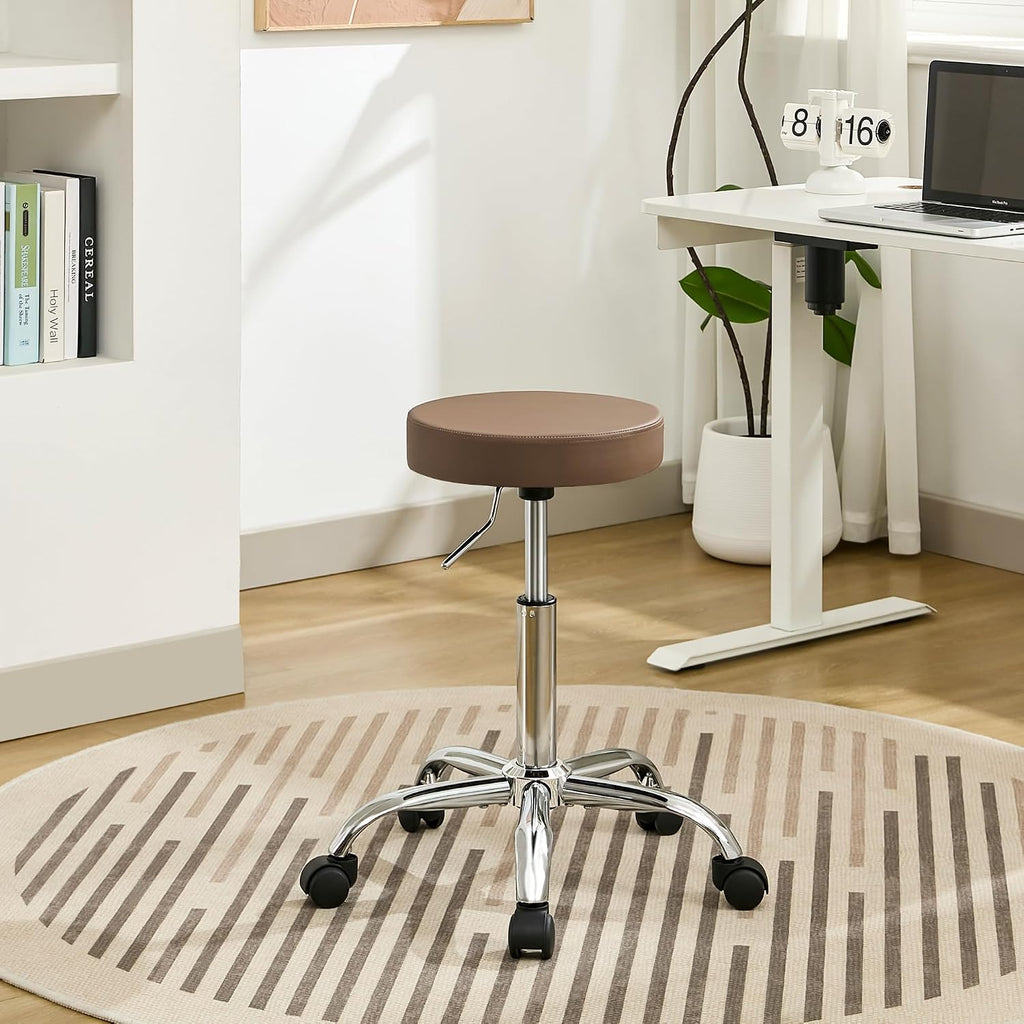 FIRAVOE Adjustable Office Stool with Wheels 19.5"-26.6", Brown Thick Cushion Backless Rolling Chair (Coffee Brown)