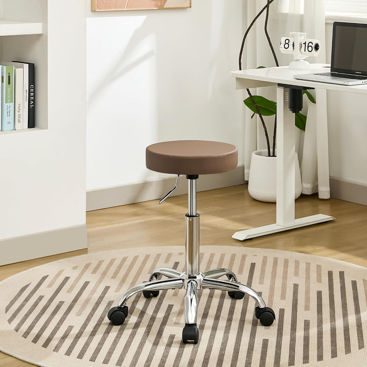 FIRAVOE Adjustable Office Stool with Wheels 19.5"-26.6", Brown Thick Cushion Backless Rolling Chair (Coffee Brown)
