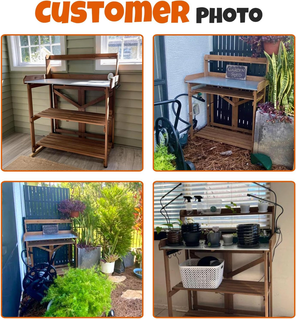 Outdoor Potting Bench Table, Indoor Wooden Work Station with Metal Table Top, Metal Hooks, Large Shelves, Heavy-Duty Gardening Workbench for Garden, Backyard, Patio, BBQ Prep Station, Easy Assembly